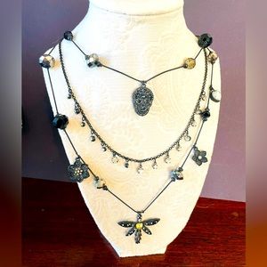 Betsey Johnson black skull and dragonfly 3 tier necklace